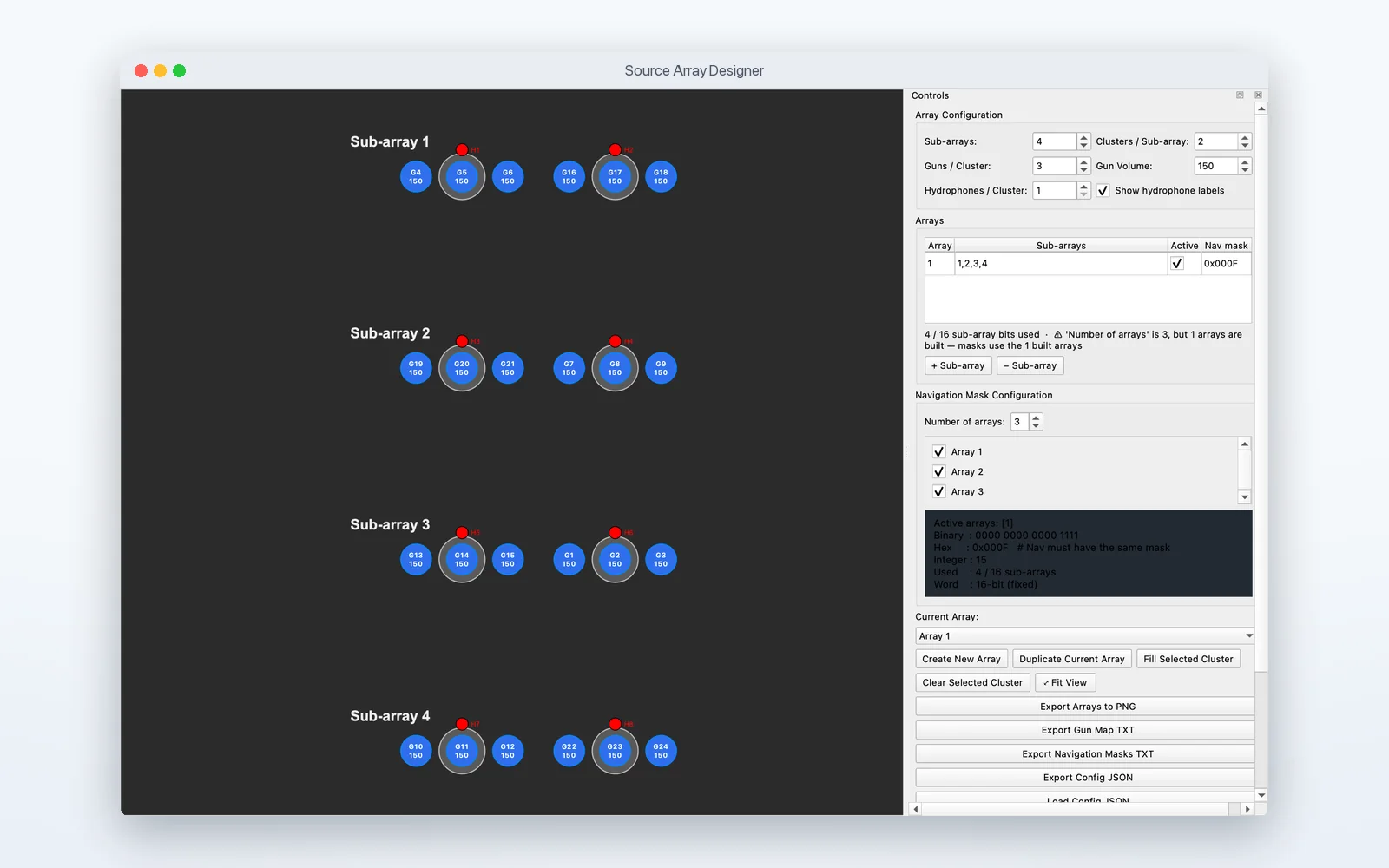 The Source Array Designer: four sub-arrays of clustered guns drawn on a canvas, with the array and navigation-mask settings beside them.